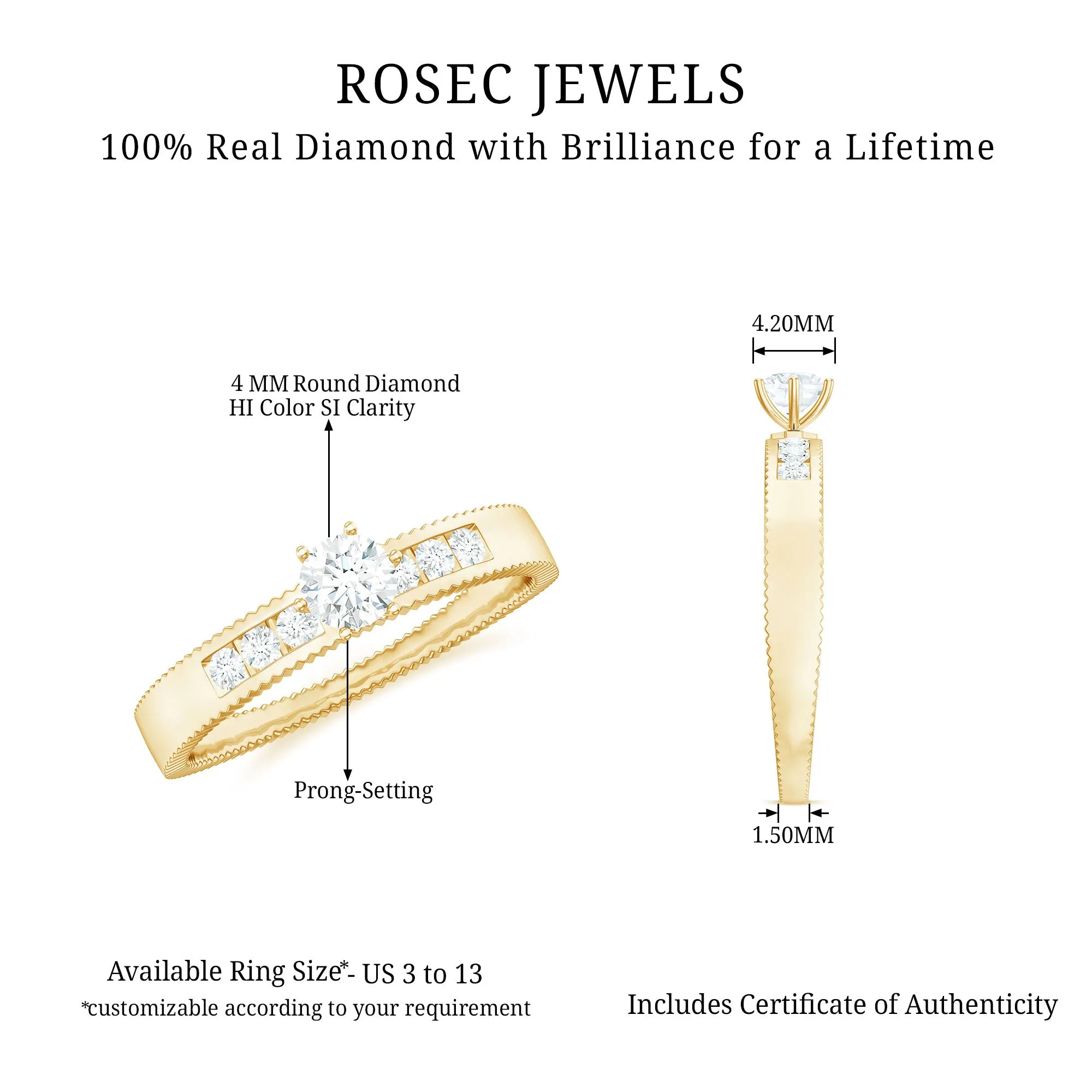 0.5 CT Natural Diamond Solitaire Gold Band Ring