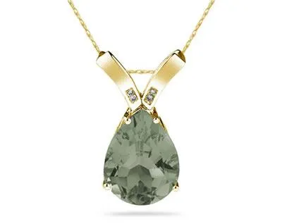 10 1/4 Carat Pear Shaped Green Amethyst & Diamond Pendant In 10K Yellow  Gold
