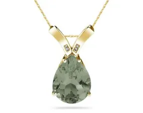 10 1/4 Carat Pear Shaped Green Amethyst & Diamond Pendant In 10K Yellow  Gold