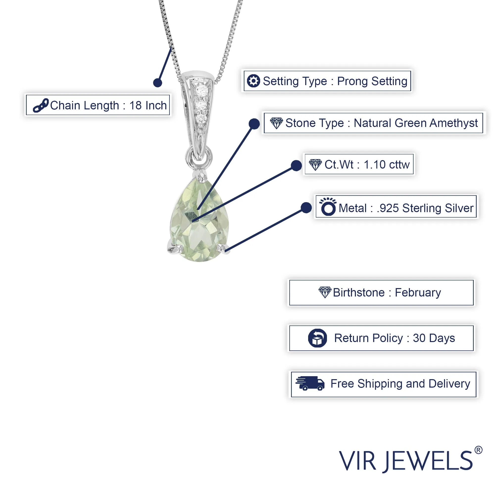 1.10 cttw Green Amethyst Pendant Necklace .925 Sterling Silver 9x6 MM Pear