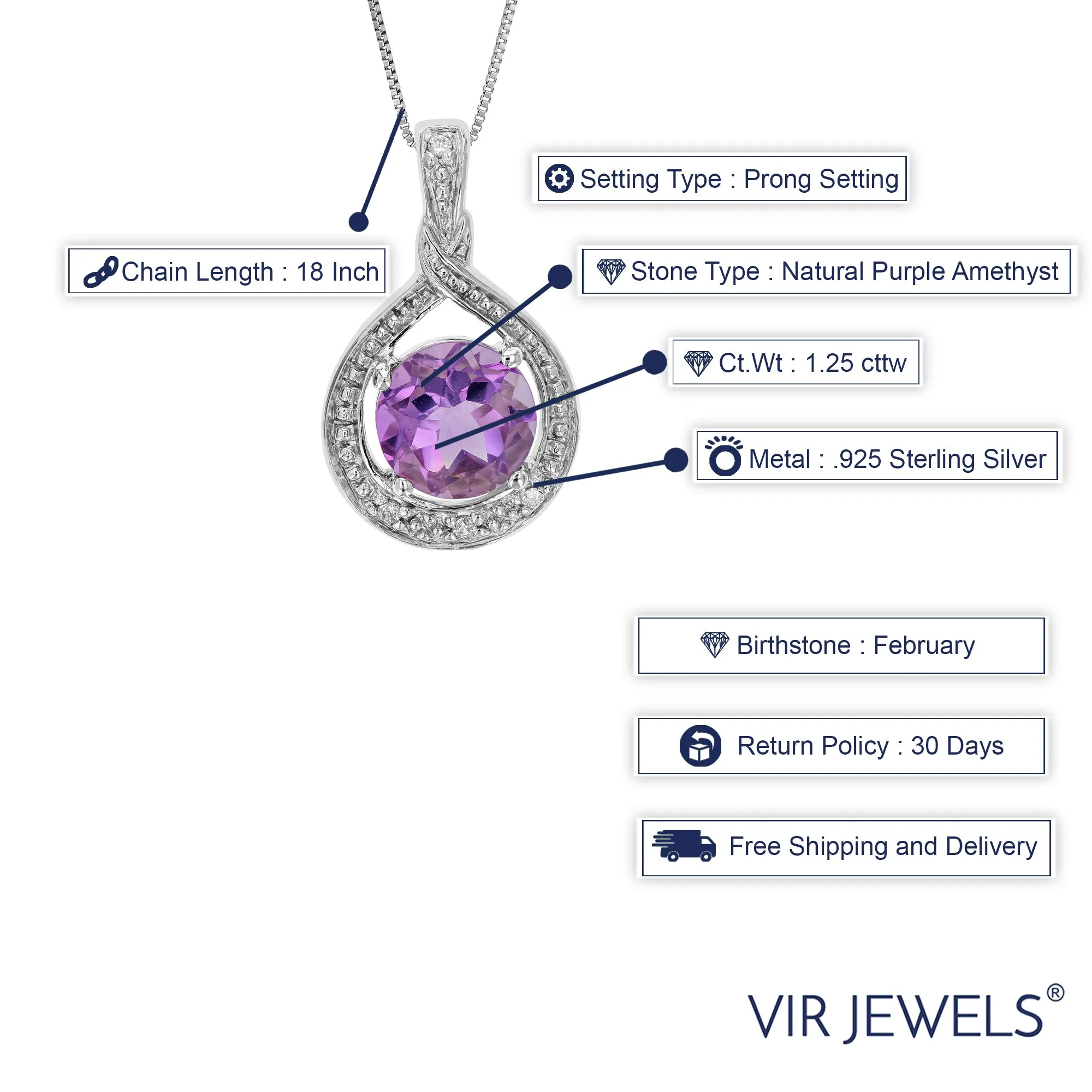 1.25 cttw Purple Amethyst Pendant Necklace .925 Sterling Silver 7 MM Round