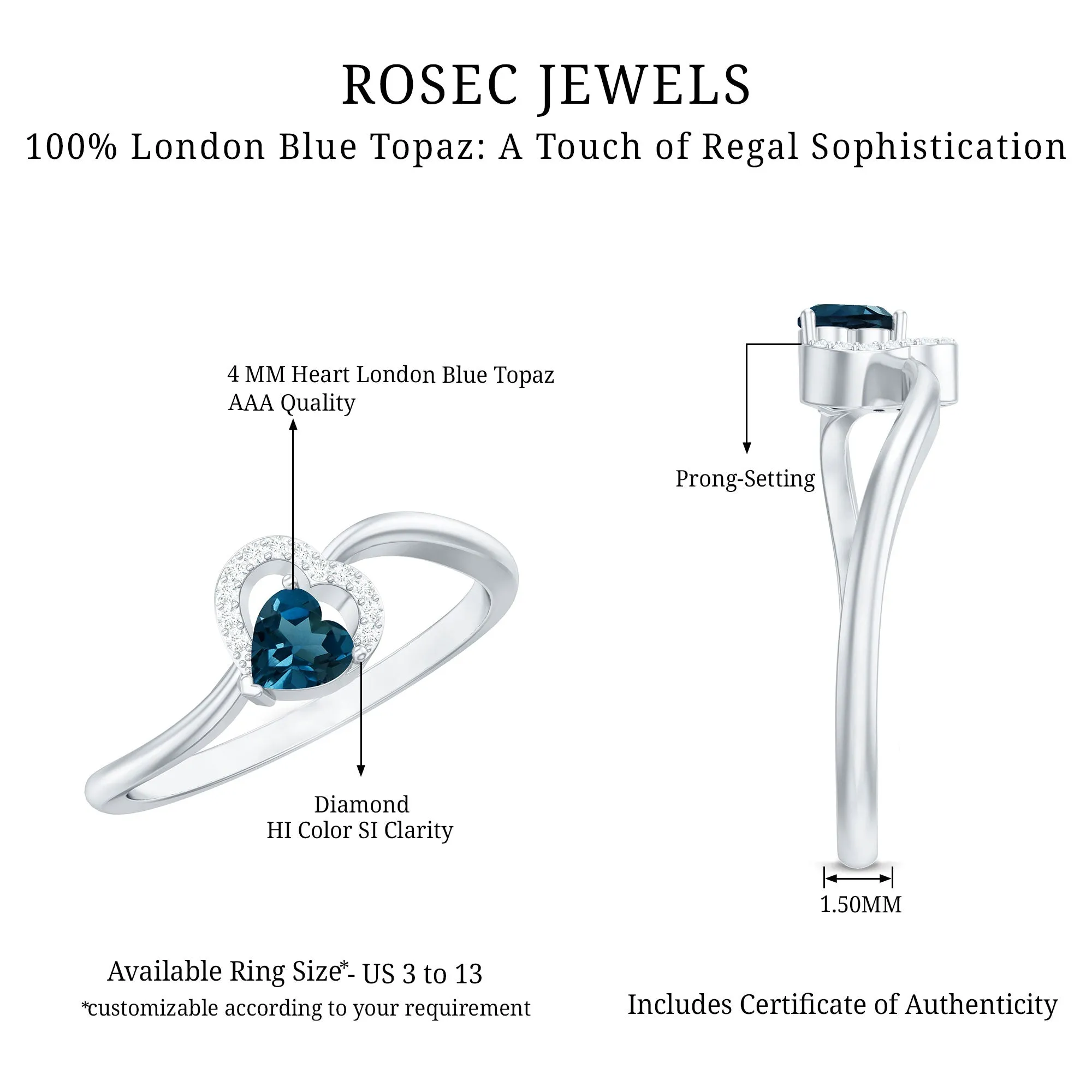 1/4 CT London Blue Topaz Heart Promise Ring with Diamond
