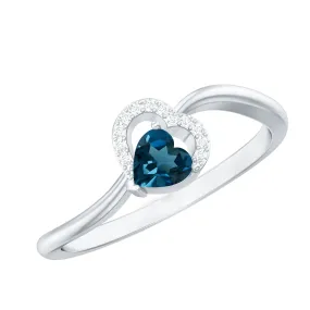 1/4 CT London Blue Topaz Heart Promise Ring with Diamond
