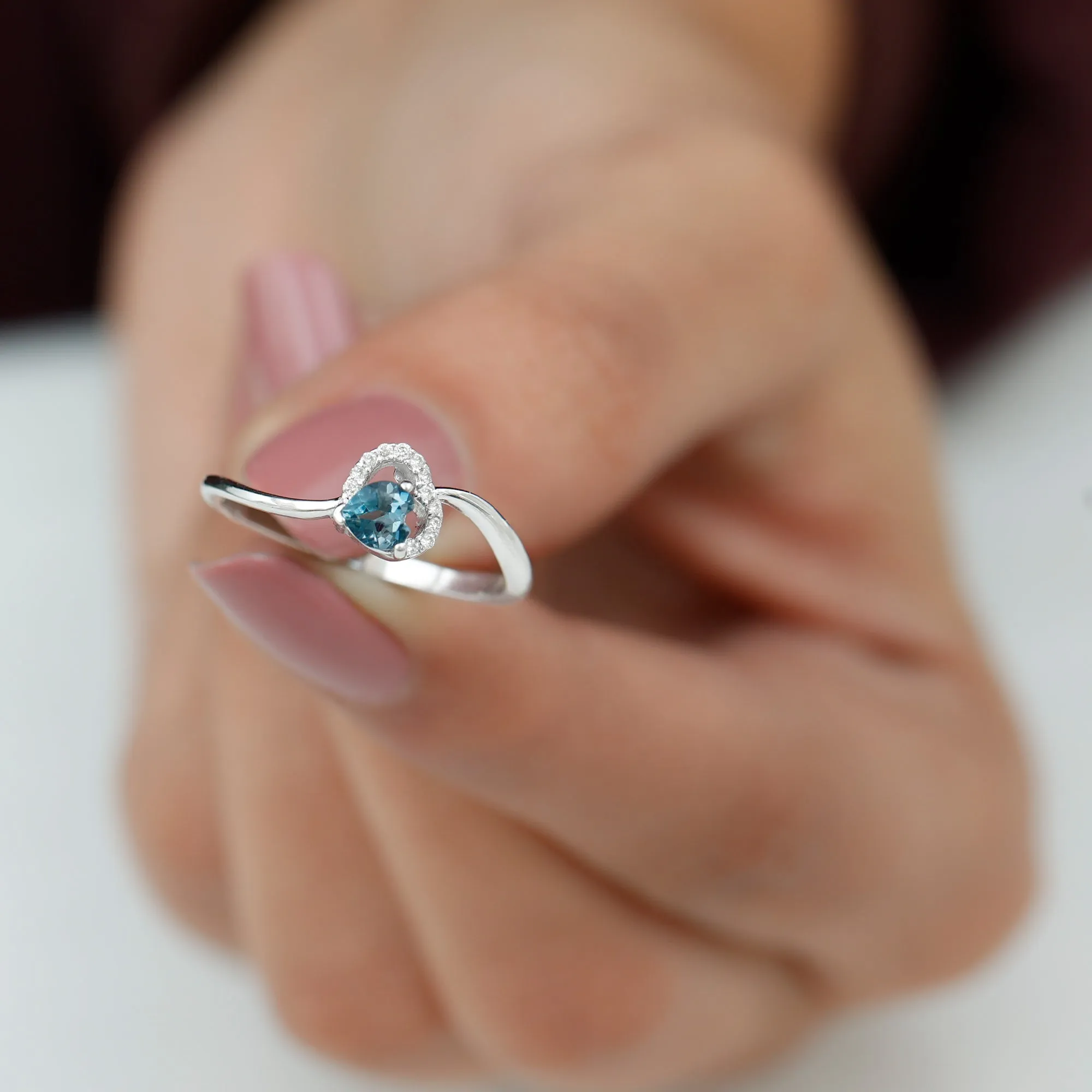 1/4 CT London Blue Topaz Heart Promise Ring with Diamond