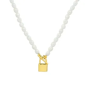 14K Gold-Filled Padlock T-bar Pearl Necklace