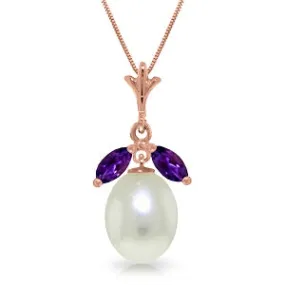 14K Solid Rose Gold Necklace w/ Parl & Amethysts