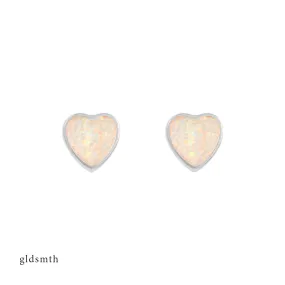 14k White Gold Heart Opal Studs