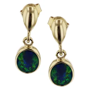 14K Yellow Gold Black Opal Doublet Drop Earrings