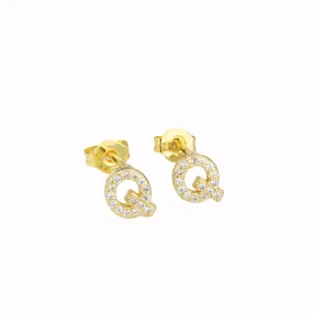 14k Yellow Gold Created White Sapphire Initial Q Letter Stud Earrings Plated