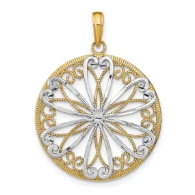14K Yellow Gold, White Rhodium Polished Finish Filigree Beaded Design Center Circle Pendant