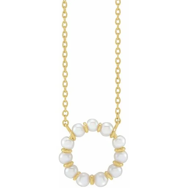 14K Yellow or White Gold Cultured White Freshwater Pearl Circle 18" Necklace