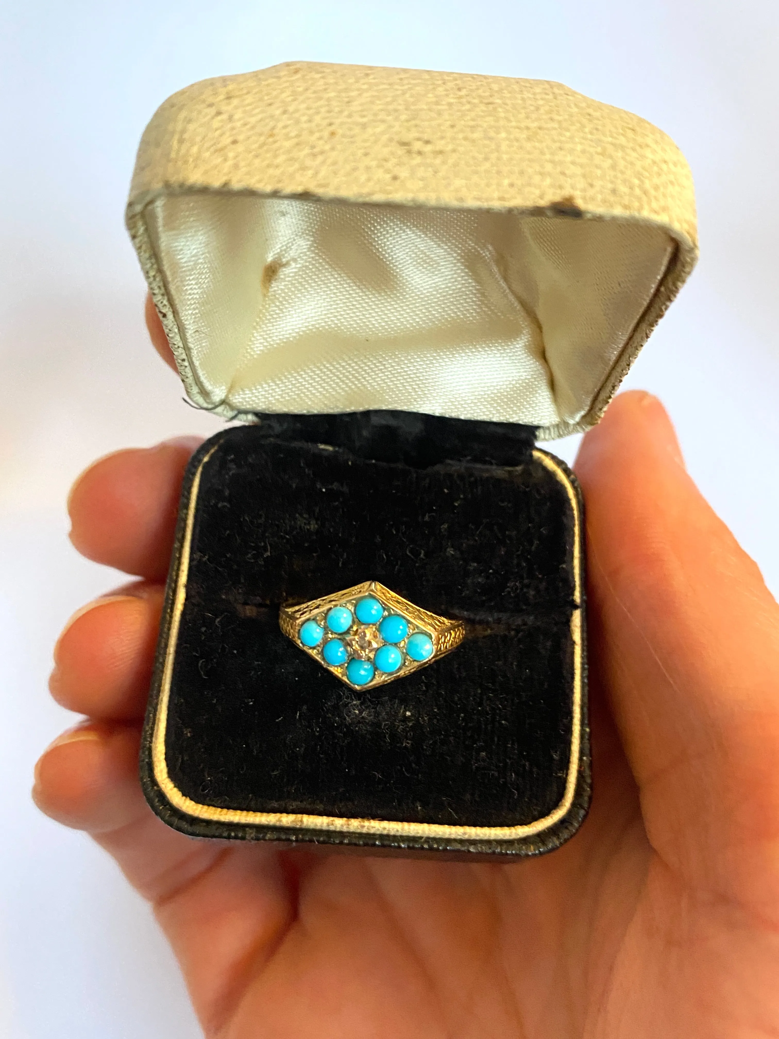 18ct Gold, Antique Turquoise and  Diamond Lozenge Ring, 1899