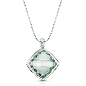 18ct White Gold Cushion Shaped Prasiolite Amethyst and Diamond Rubover Pendant