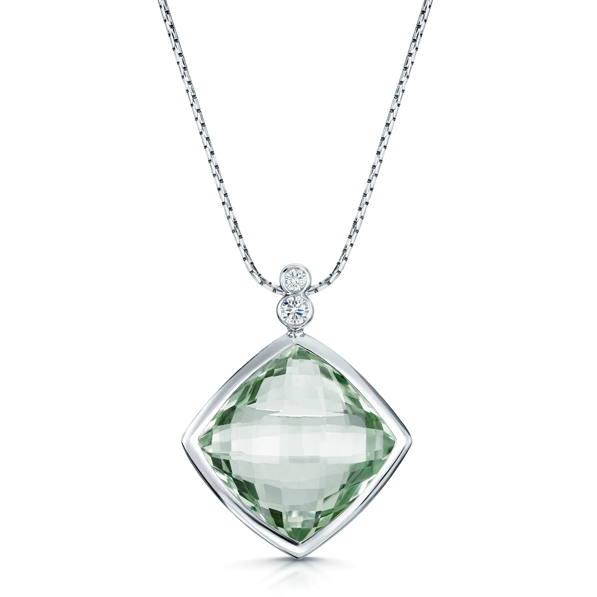 18ct White Gold Cushion Shaped Prasiolite Amethyst and Diamond Rubover Pendant
