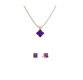 18K Rose Gold 3ct Amethyst Square 18 Inch Necklace and Earrings Set Plated