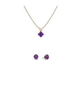 18K Rose Gold 3ct Amethyst Square 18 Inch Necklace and Round Earrings Set Plated