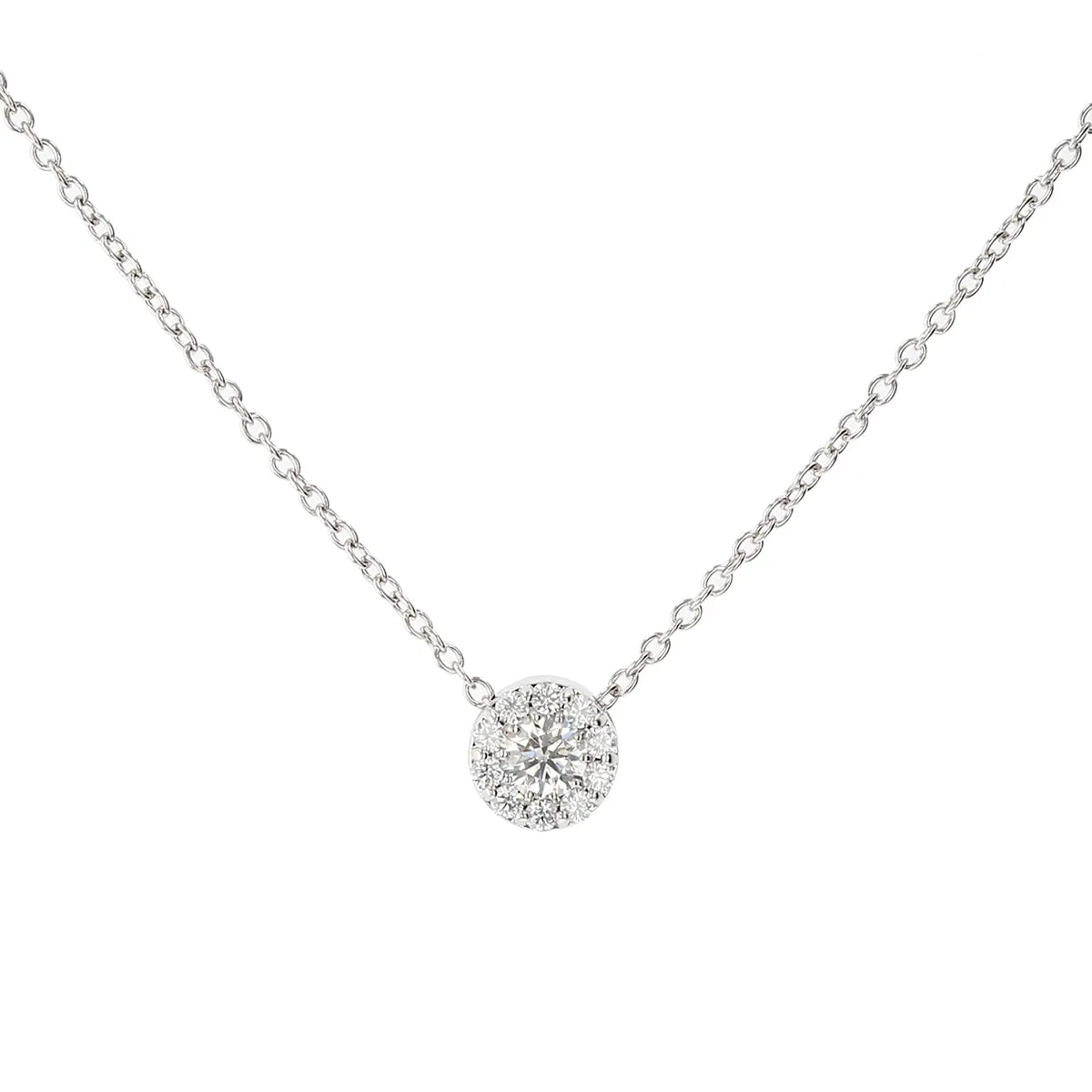 18K WHITE GOLD 11 FULL CUT DIAS=0.22-0.28CTS (IJ/VS-SI) FULFILLMENT HALO PENDANT ON 18" CABLE CHAIN