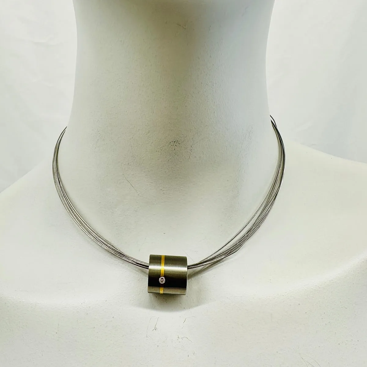 18K White Gold Multi Wire Choker with Brushed White Gold & Gold Slider