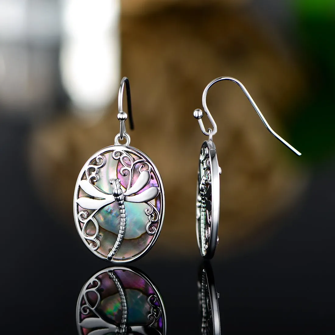 18K White Gold Plated Abalone Dragonfly Earrings