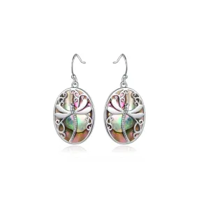 18K White Gold Plated Abalone Dragonfly Earrings