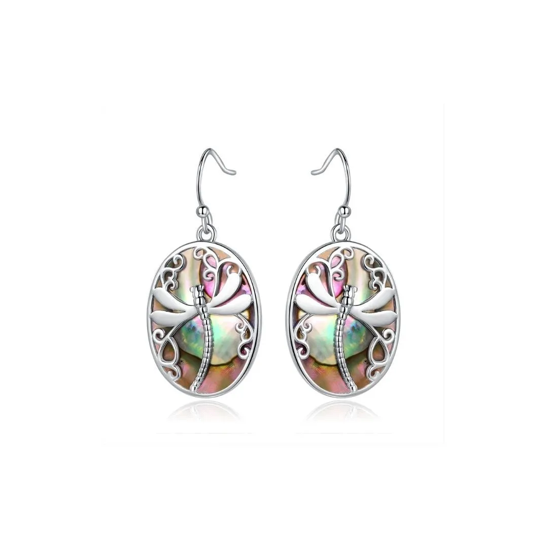 18K White Gold Plated Abalone Dragonfly Earrings