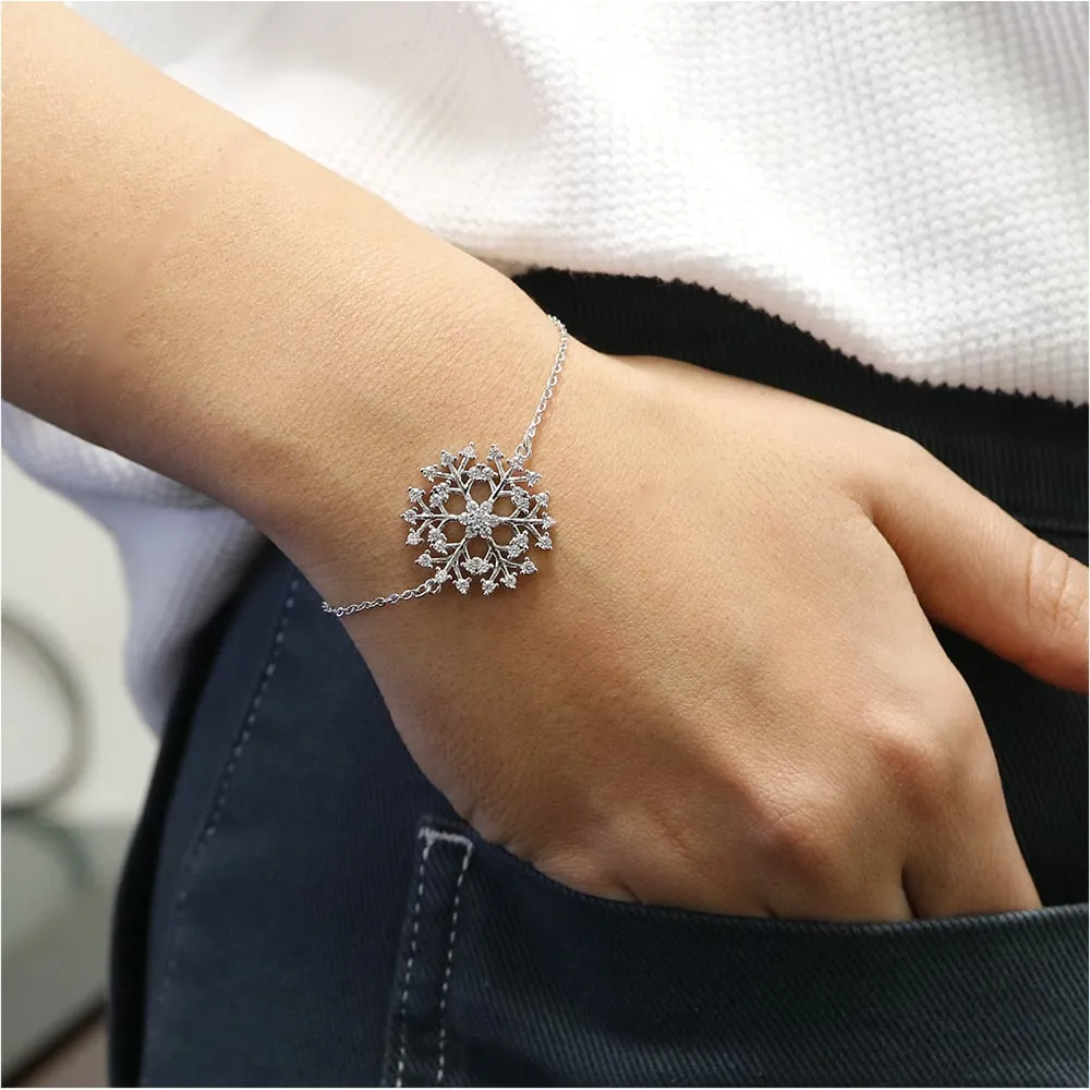 18K White Gold Snowflake Bracelet with Swarovski Elements 7.5in Rolo Chain