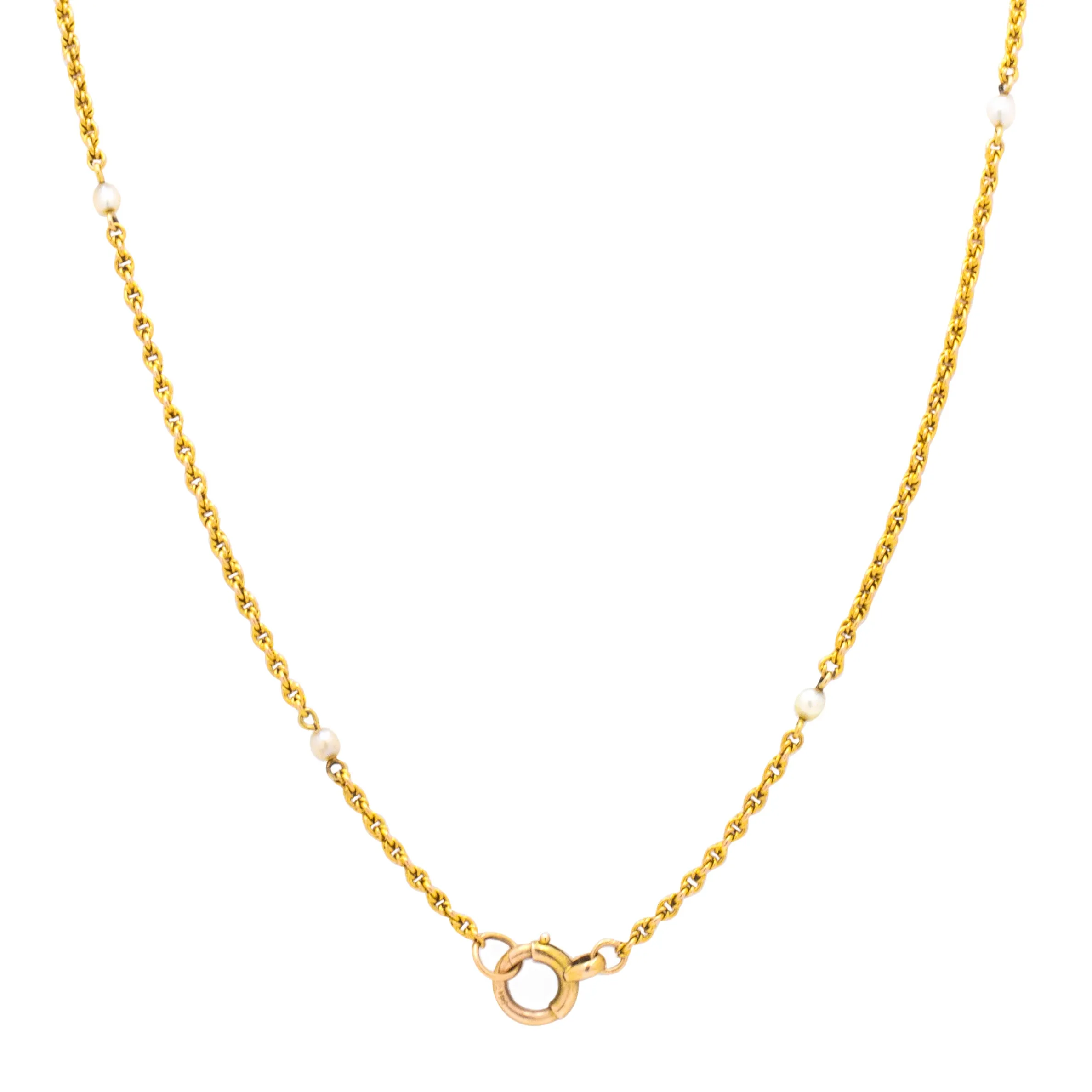 22" Antique 18ct Gold Lover's Knot Chain, Bolt-Ring Clasp & Pearl Terminals