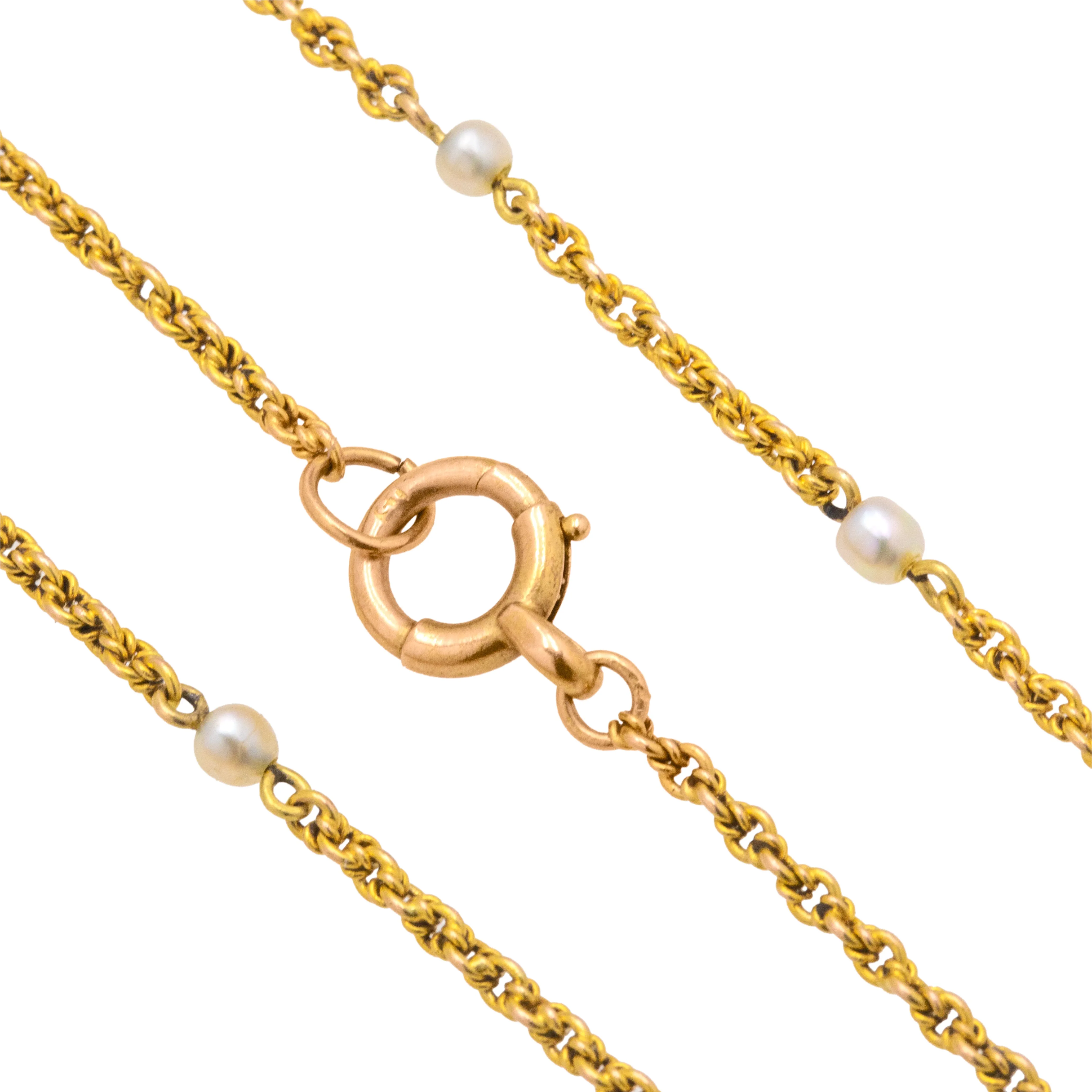 22" Antique 18ct Gold Lover's Knot Chain, Bolt-Ring Clasp & Pearl Terminals