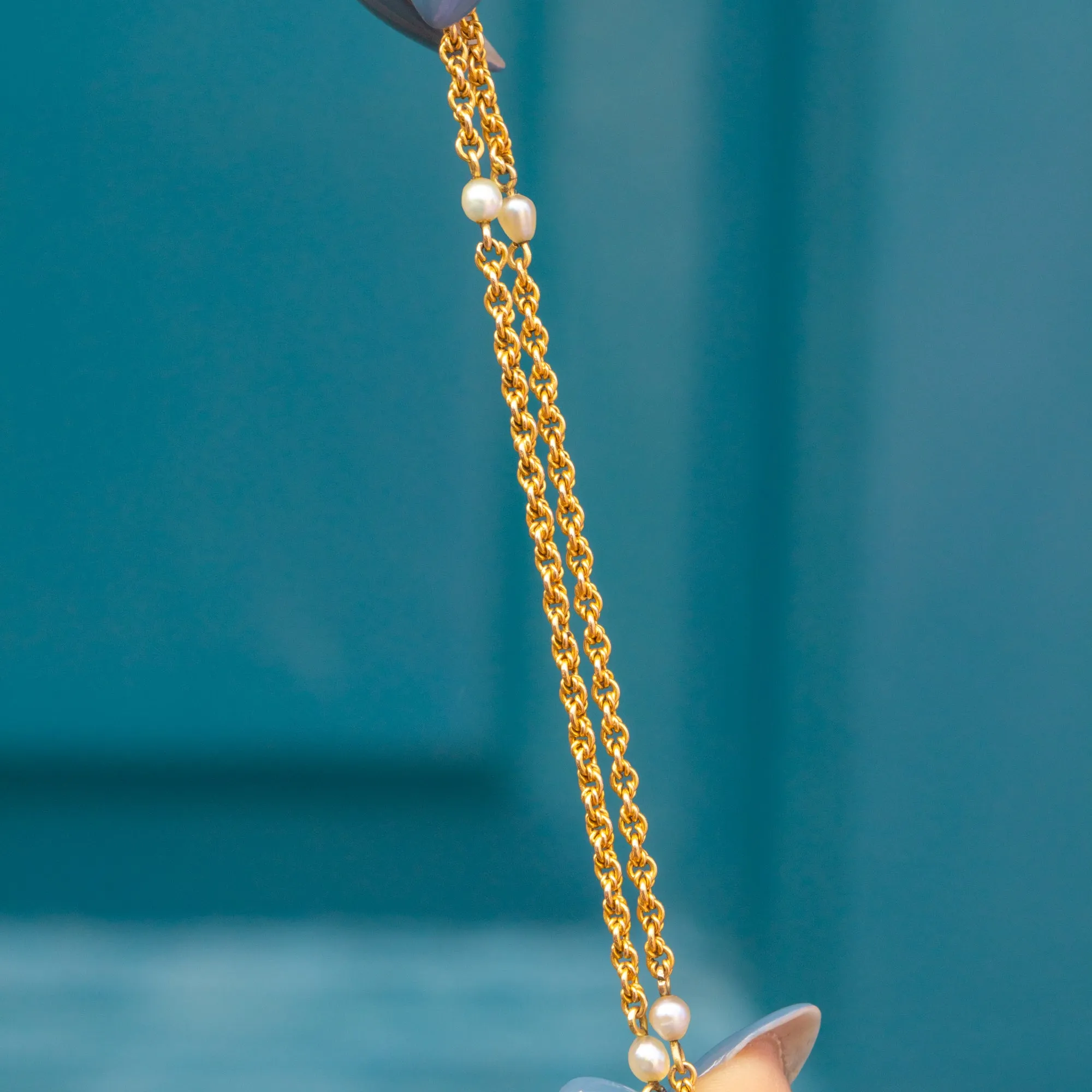 22" Antique 18ct Gold Lover's Knot Chain, Bolt-Ring Clasp & Pearl Terminals