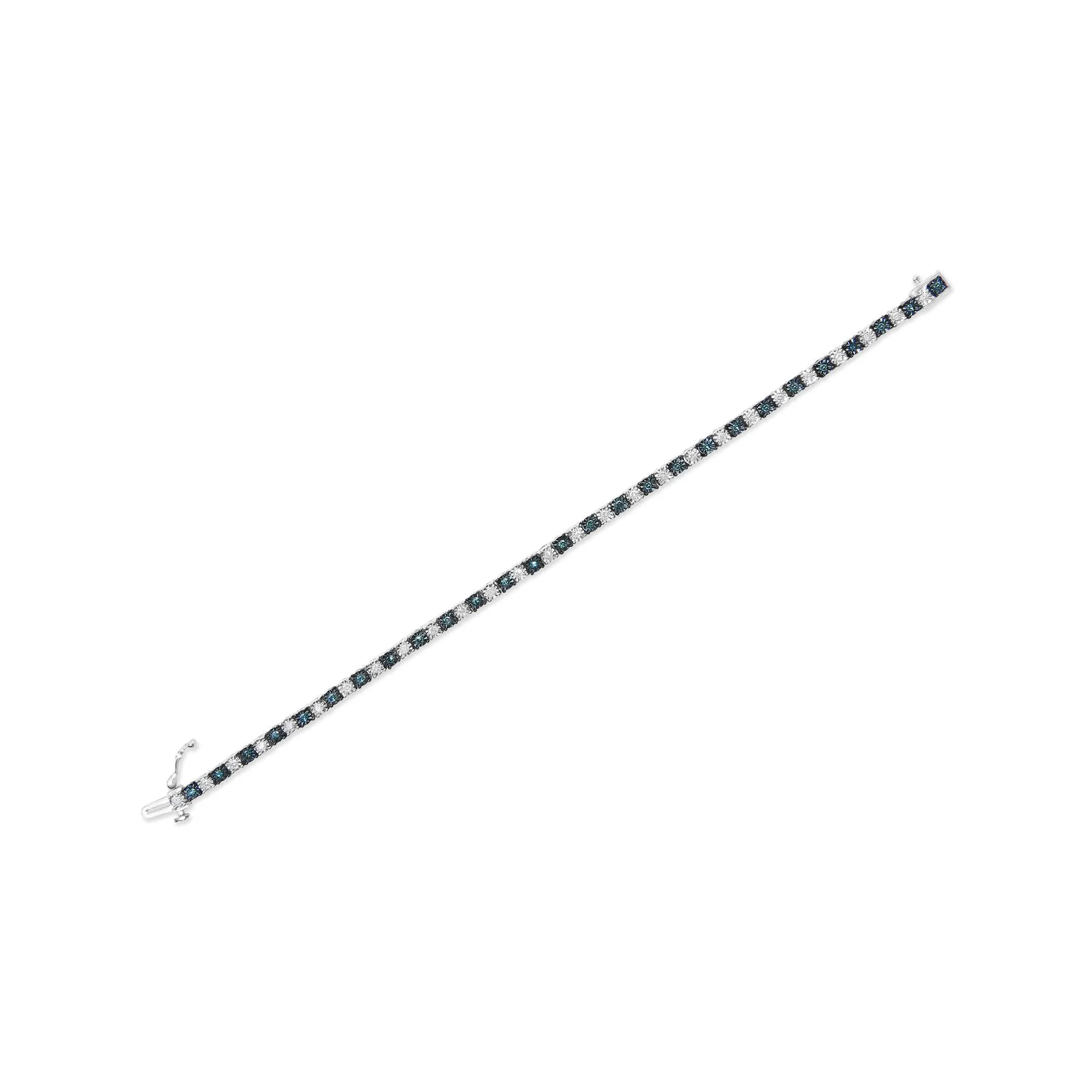.925 Sterling Silver 1.0 Cttw with Alternating Round White Diamond and Round Treated Blue Diamond Tennis Bracelet (Blue and I-J Color, I3 Clarity) - Size 7" Inches