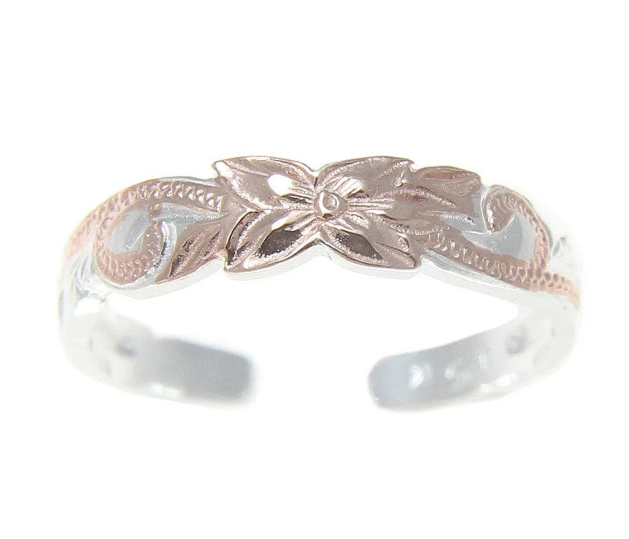 925 Sterling Silver Pink Rose Gold Hawaiian Plumeria Flower Scroll 4mm Toe Ring
