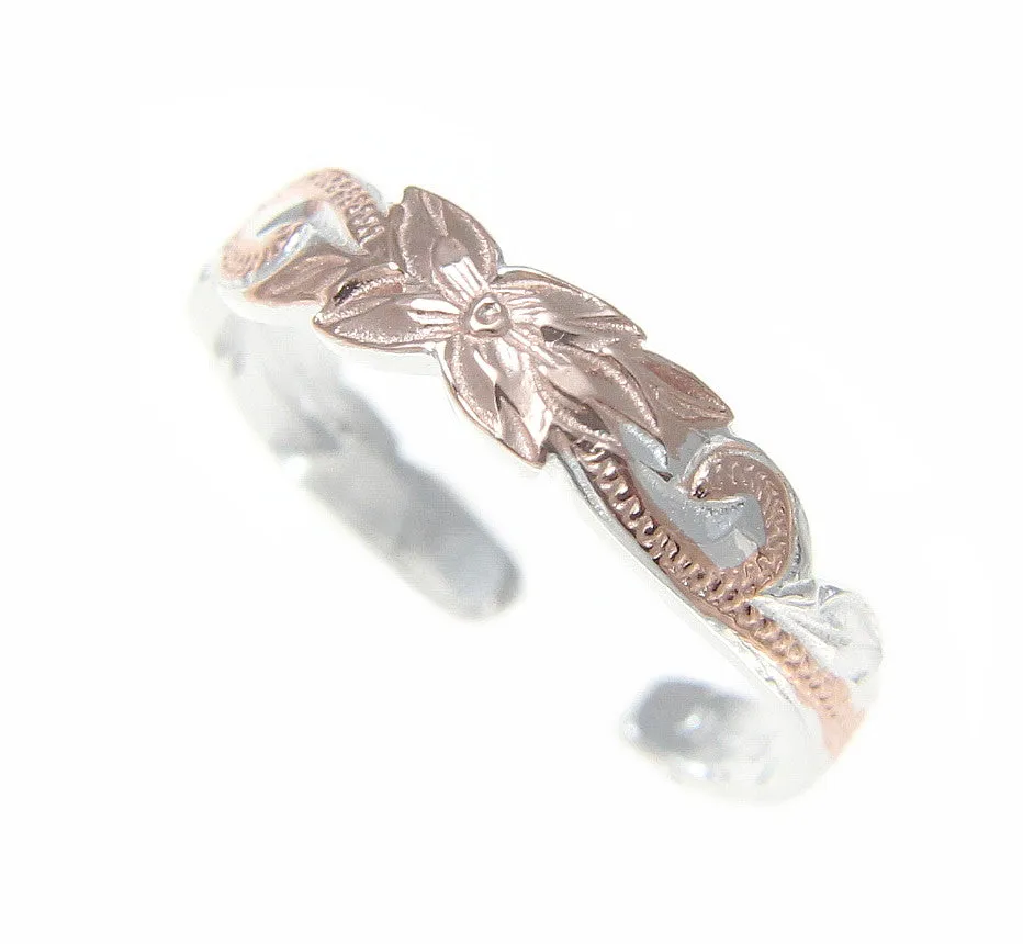 925 Sterling Silver Pink Rose Gold Hawaiian Plumeria Flower Scroll 4mm Toe Ring