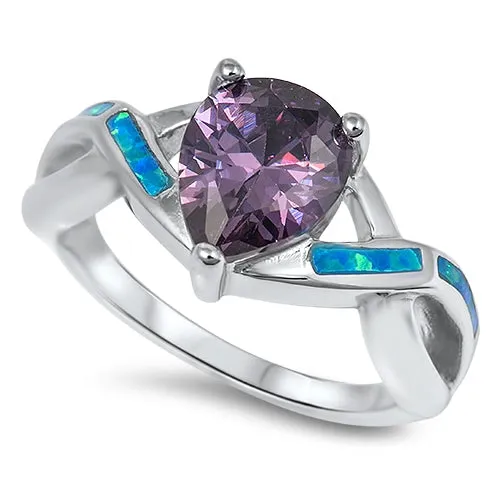 925 Sterling Silver Ring With Water Drop CZ & Opal Inlay