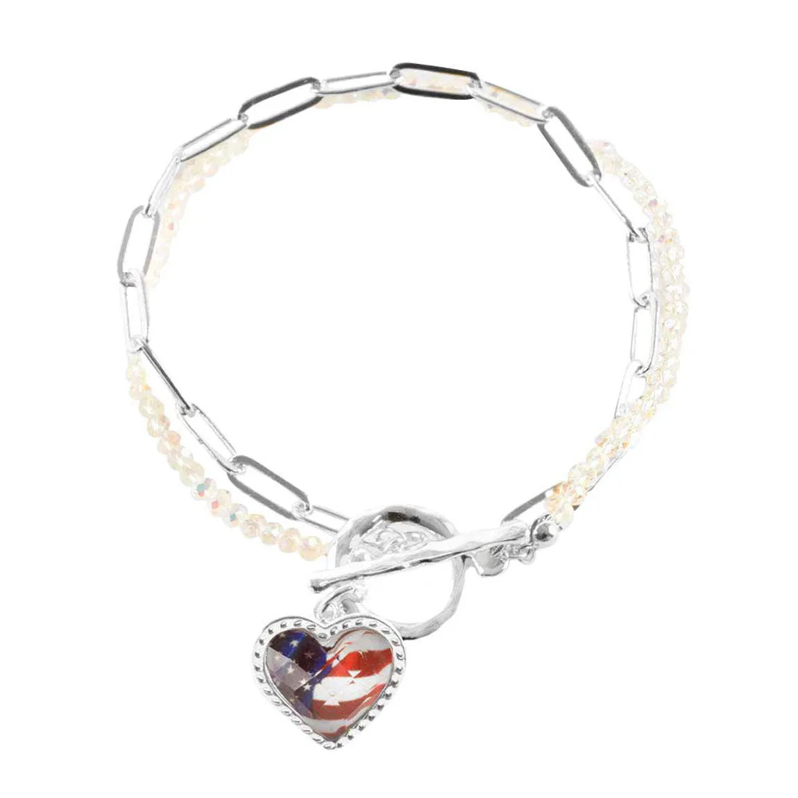 American USA Flag Heart Charm Double Layered Toggle Bracelet