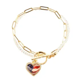 American USA Flag Heart Charm Double Layered Toggle Bracelet