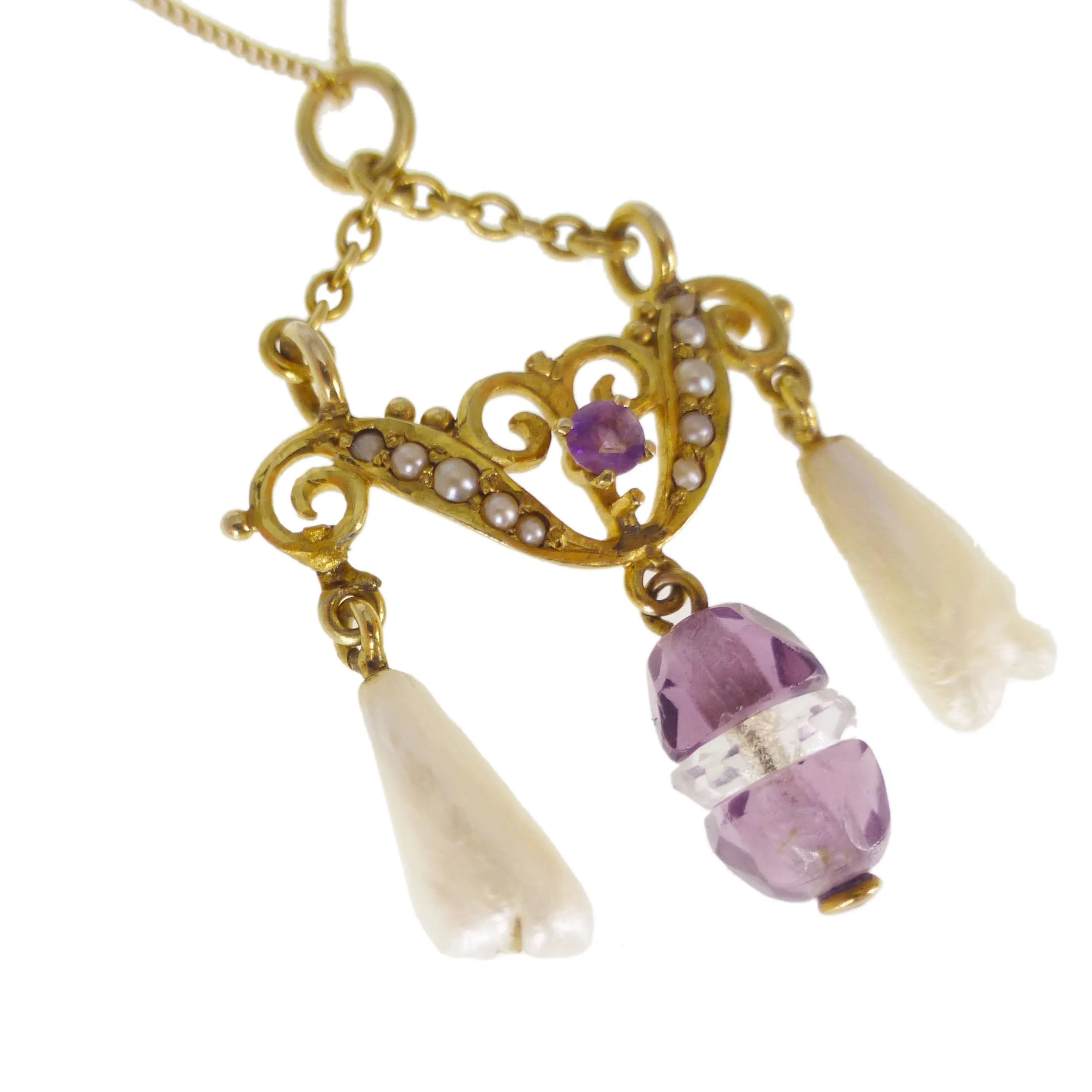Antique 14ct Gold Amethyst & Pearl Pendant Necklace