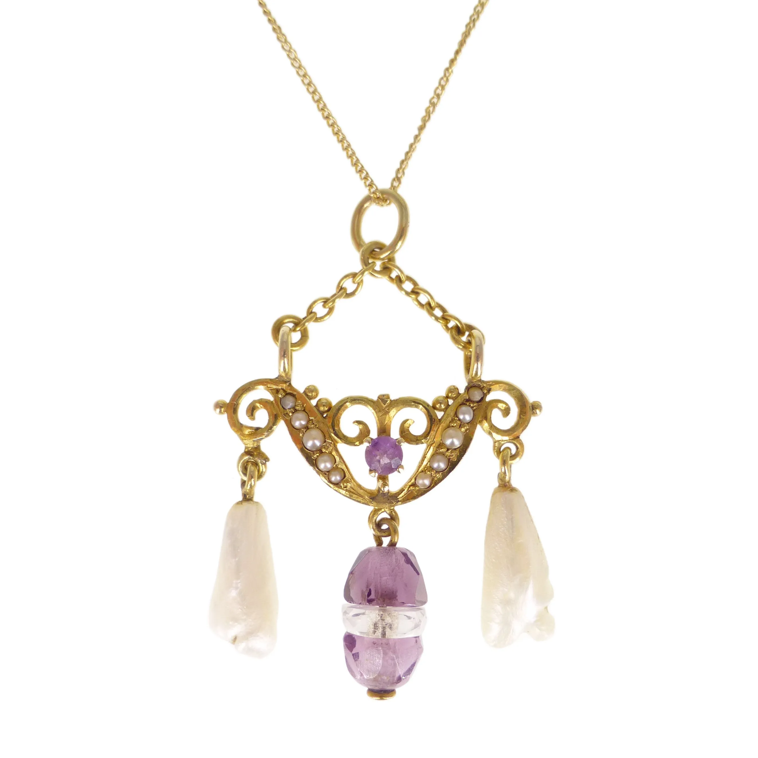 Antique 14ct Gold Amethyst & Pearl Pendant Necklace