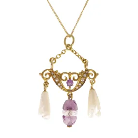 Antique 14ct Gold Amethyst & Pearl Pendant Necklace