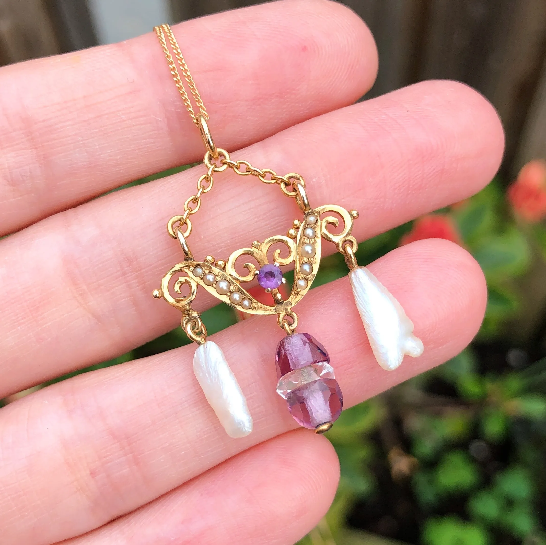 Antique 14ct Gold Amethyst & Pearl Pendant Necklace