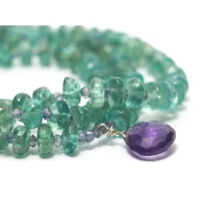 Apatite and Iolite Necklace with Amethyst Drop with Sterling Silver Trigger Clasp