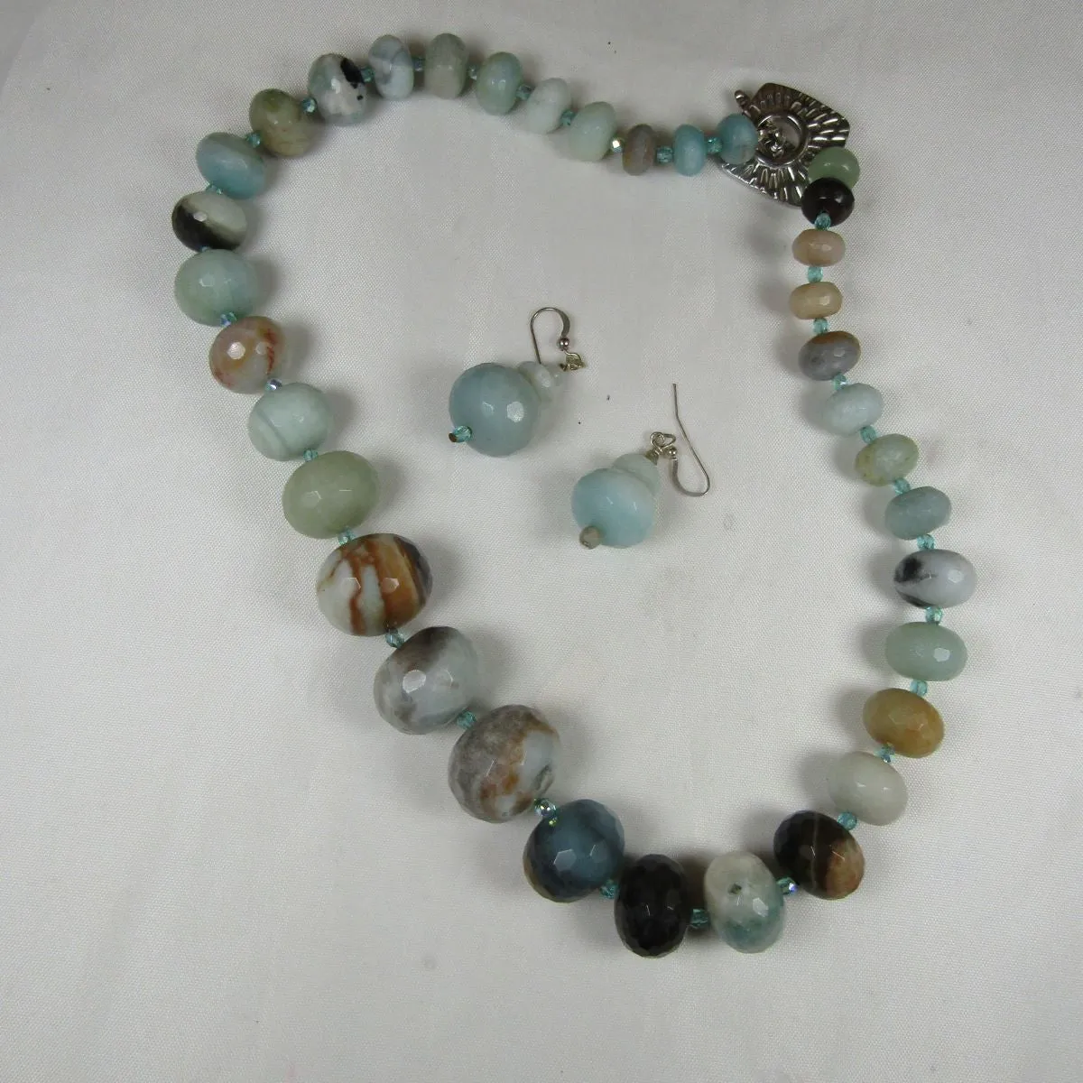 Aqua Gemstone Amazonite Beaded Necklace & Earrings Set