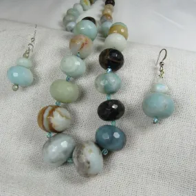 Aqua Gemstone Amazonite Beaded Necklace & Earrings Set