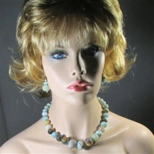 Aqua Gemstone Amazonite Beaded Necklace & Earrings Set