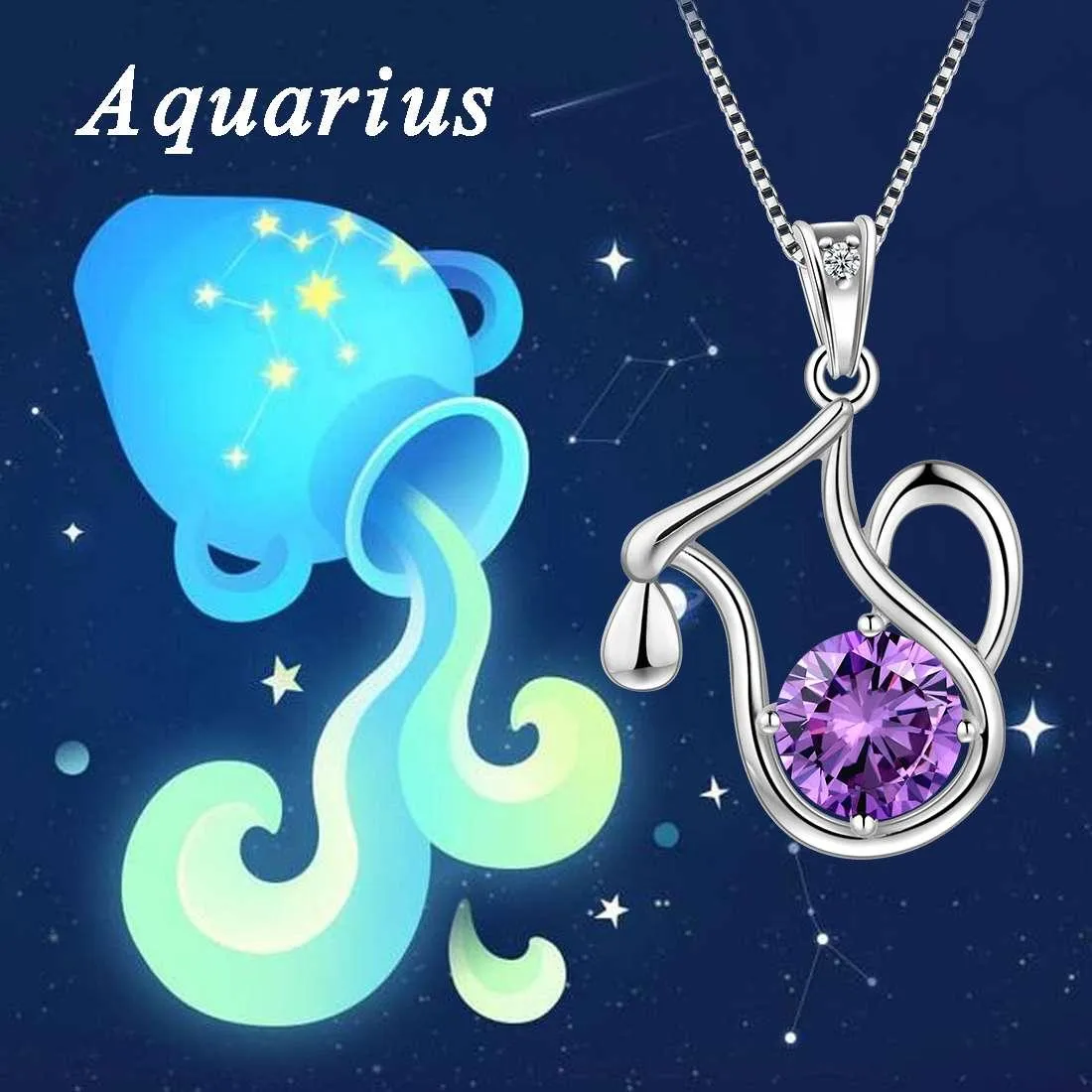 Aquarius Zodiac Necklace February Birthstone Pendant Women Girls Jewelry Birthday Gift Women Girls Jewelry Birthday Gift