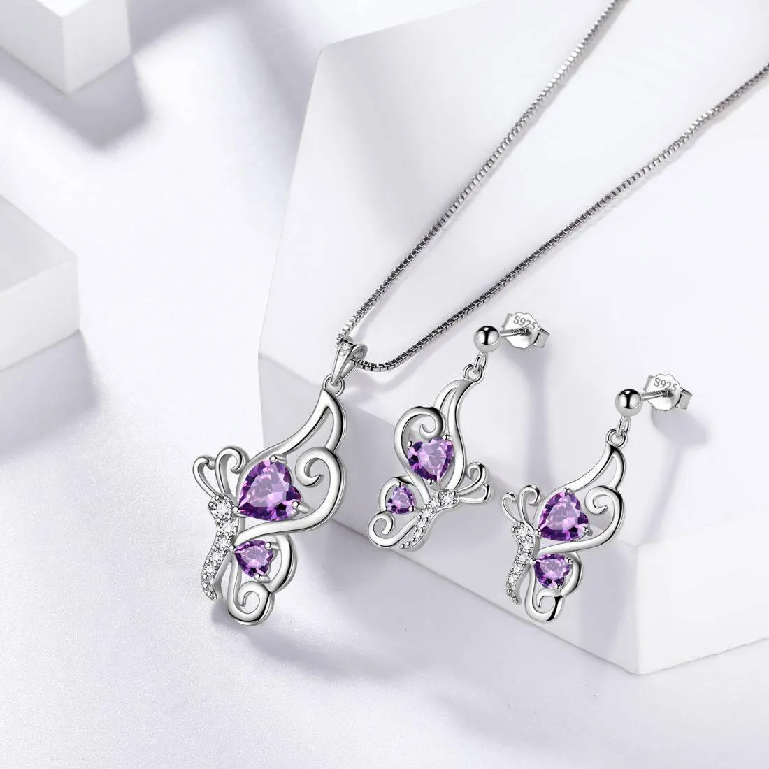 Butterfly Birthstone February Amethyst Jewelry Set 3PCS Women Girls Birthday Gift