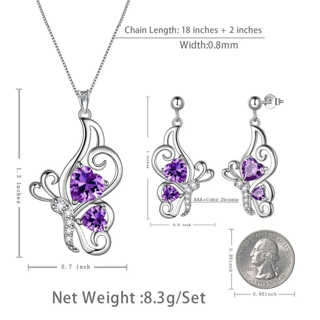 Butterfly Birthstone February Amethyst Jewelry Set 3PCS Women Girls Birthday Gift