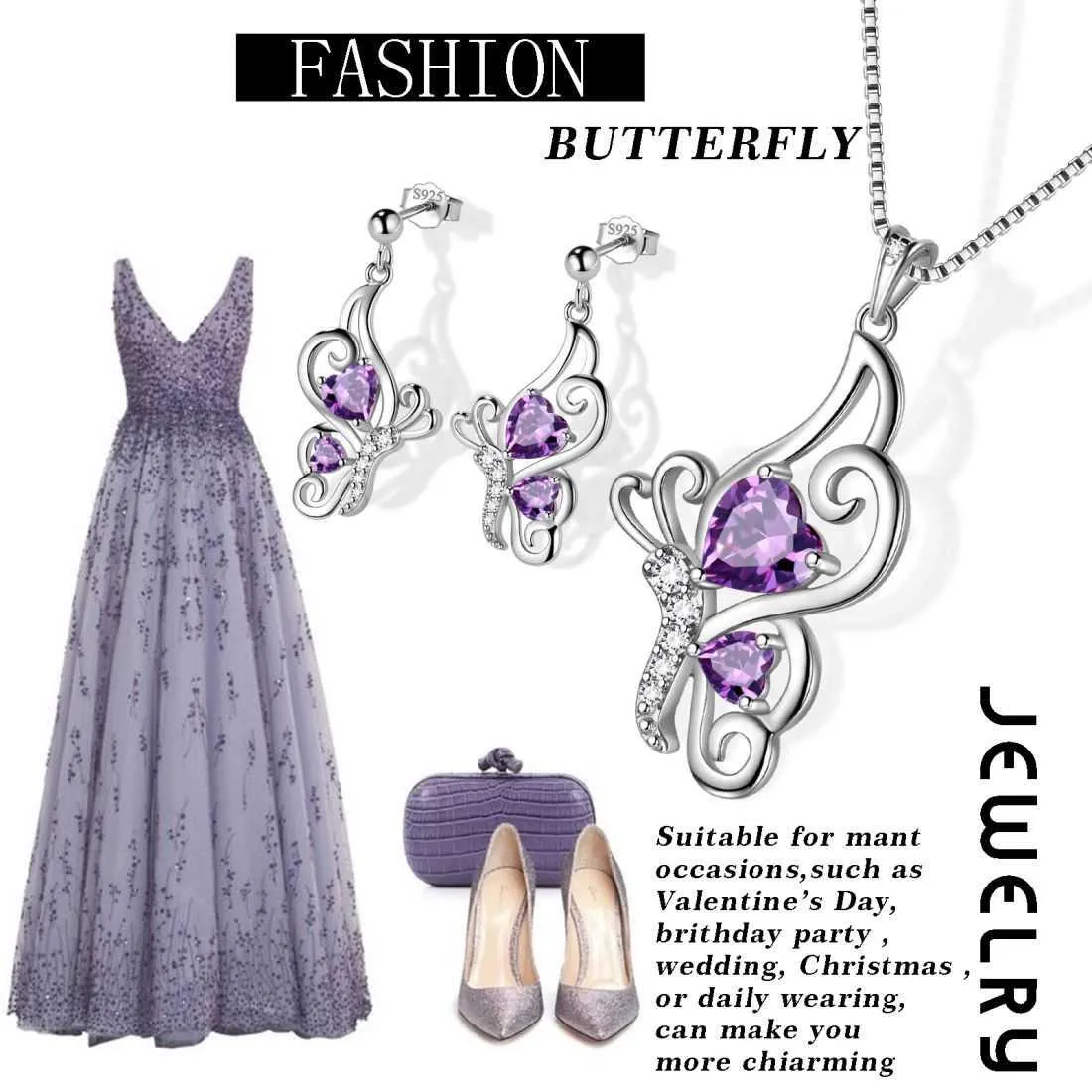 Butterfly Birthstone February Amethyst Jewelry Set 3PCS Women Girls Birthday Gift