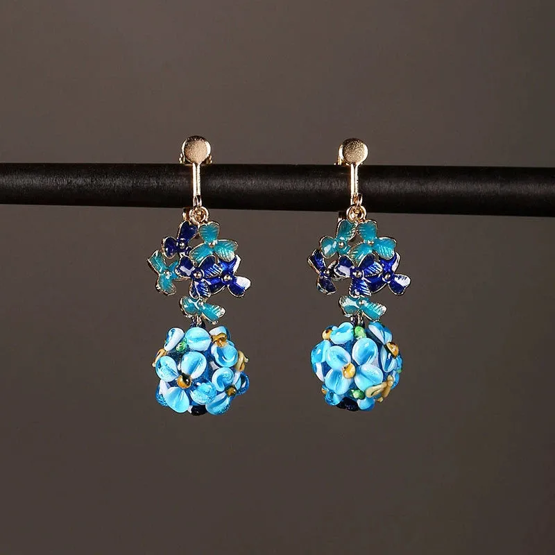 Cloisonne Earrings, Antique Blue Flower Earrings, with Cheongsam Sterling Silver Earrings