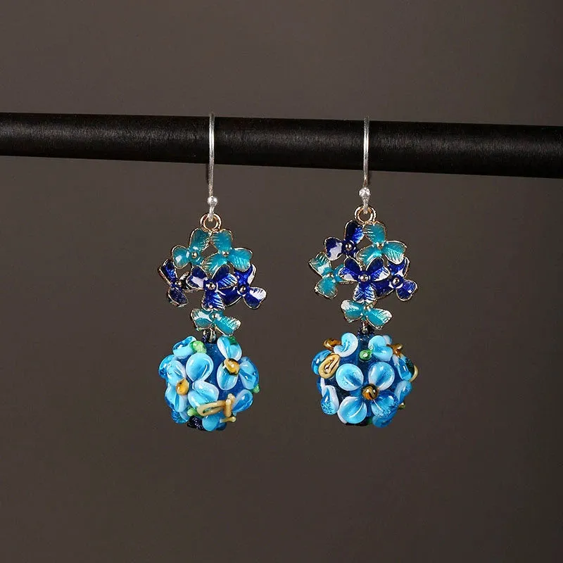 Cloisonne Earrings, Antique Blue Flower Earrings, with Cheongsam Sterling Silver Earrings