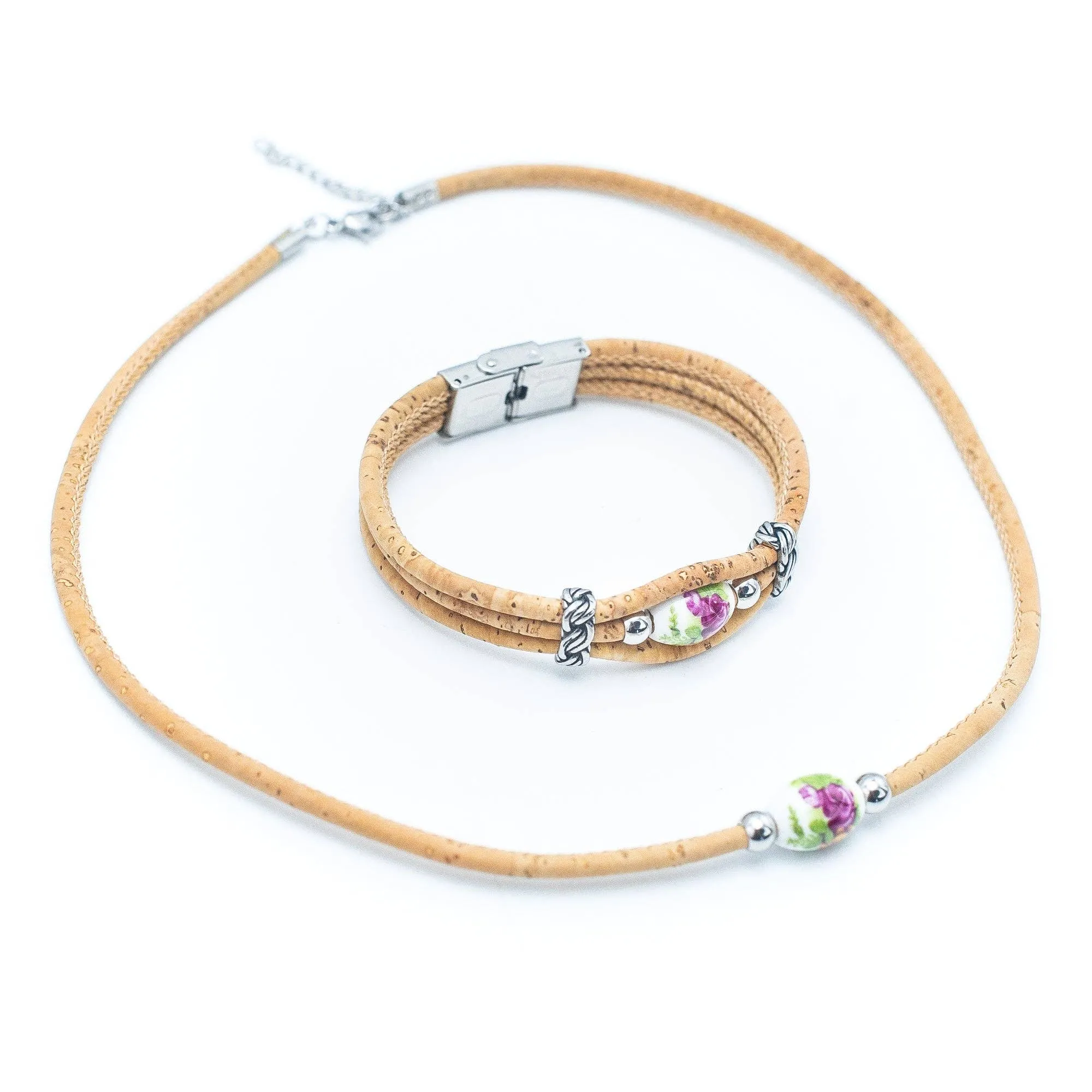 Cork jewelry-Stainless steel necklace with bracelet  for women natural Cork handmade Original SETS-003-1